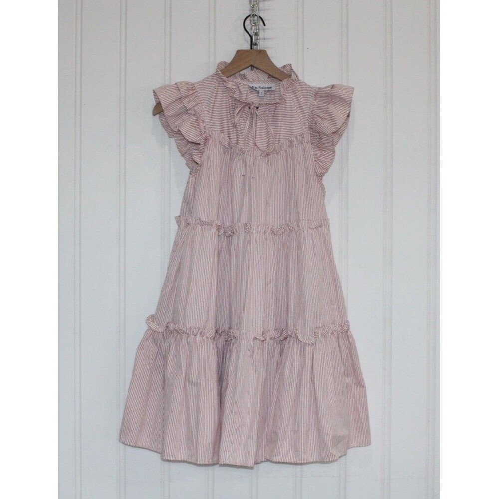 En Saison Ida Mini Dress Small Pink Stripe Ruffle Tiered Cottagecore Boho Flowy‎
